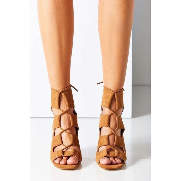Urban Outfitters Women Brown Strappy Heels 9 Suede Lace Up Block Peep Toe Summer - Picture 14 of 16
